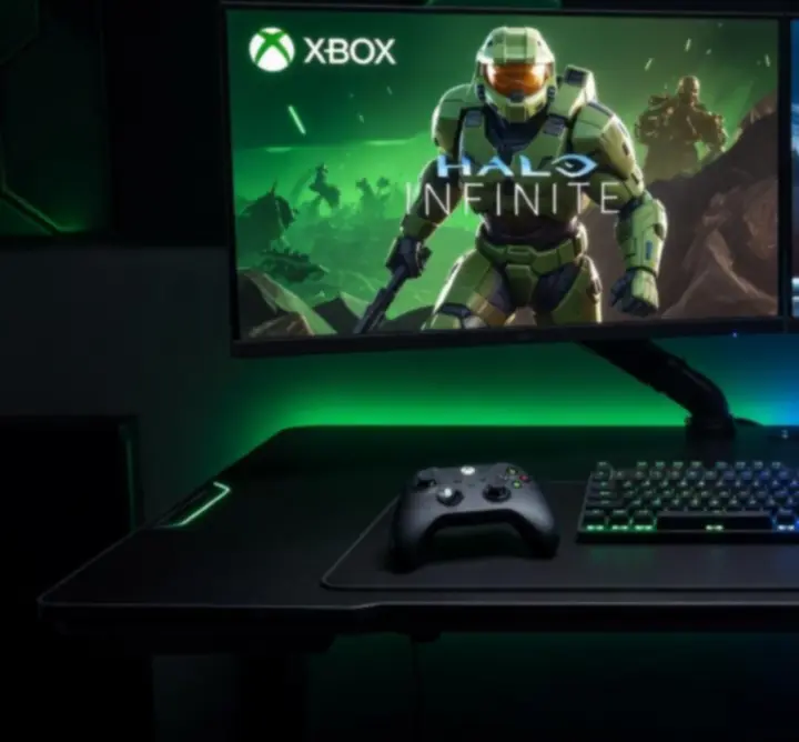 Gamingowy setup z konsolami i monitorami przedstawiający klimat Krag Arena Hub