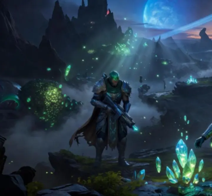 Cinematiczne ujęcie z gry fantasy lub science fiction na Xbox z bohaterami i fantastycznym światem